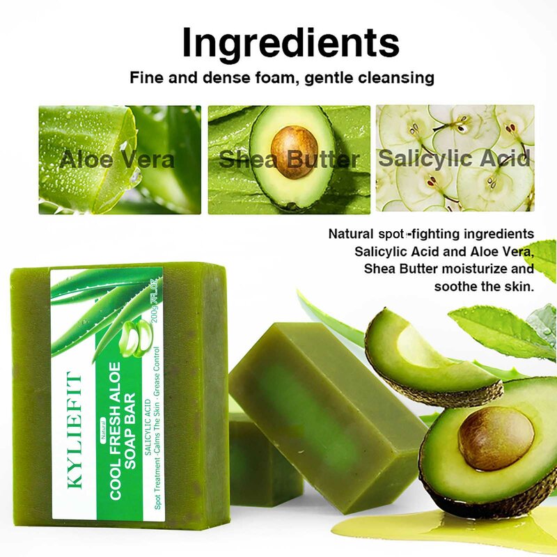 KYLIEFIT Cool Fresh Aloe Soap Bar, Calms Skin, Oil Control, Deep Clean, Exfoliation, Radiant Skin For Face And Body Bath