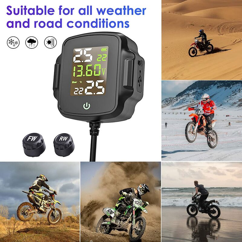 Motocicleta Tire Pressure Monitoring System, pneu Temperatura Alarme System, moto TPMS com QC 3.0 Fast Charging USB Output