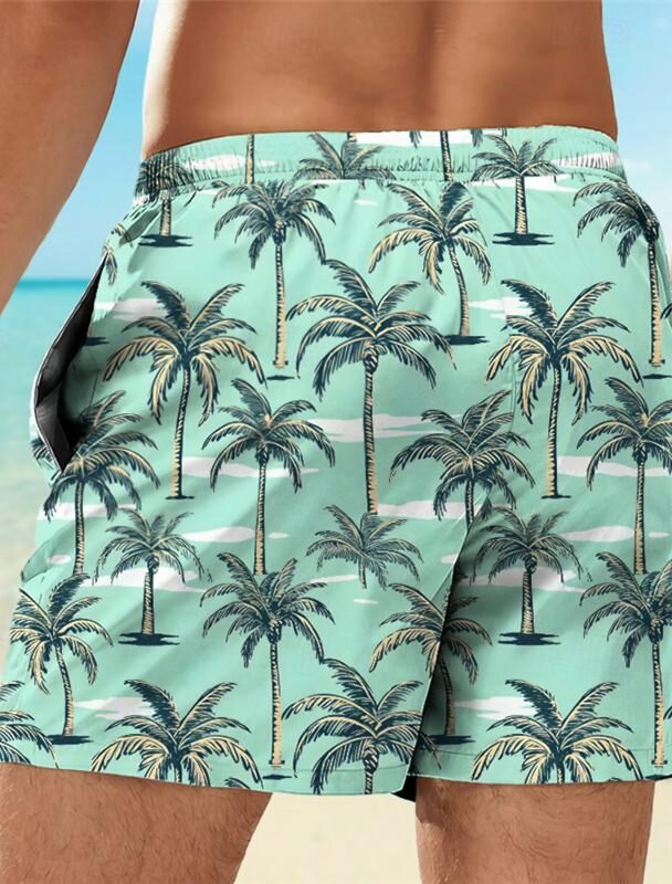Calção de palmeira masculina estampado em 3D, estilo havaiano, confortável, respirável curto, resort de praia, bolsos, feriado