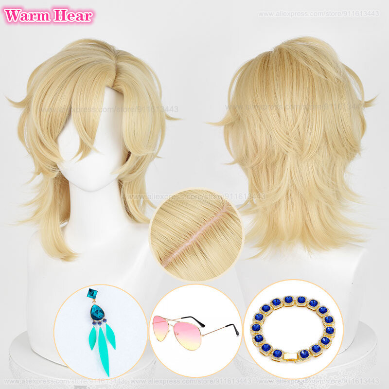 Wig Cosplay Game kualitas tinggi 40cm Wig Anime Cosplay emas panjang Wig pesta Halloween rambut tahan panas + topi Wig