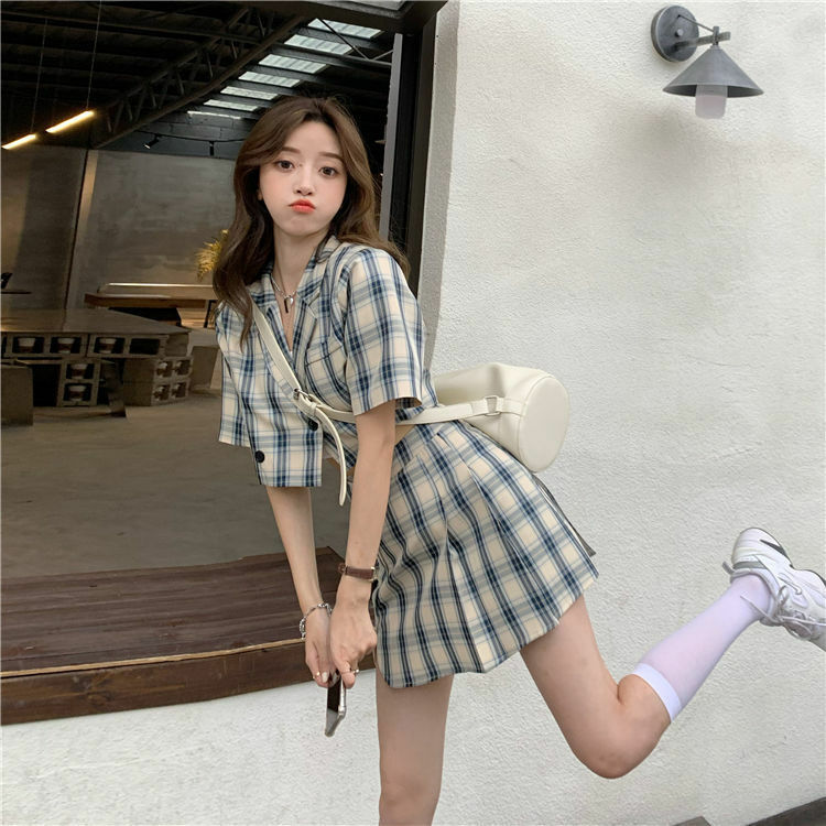 Two Piece Spicy Girl Skirt Ins 2024 Spring/Summer Korean Edition New Fashion Plaid Printed Women's Skirt Set