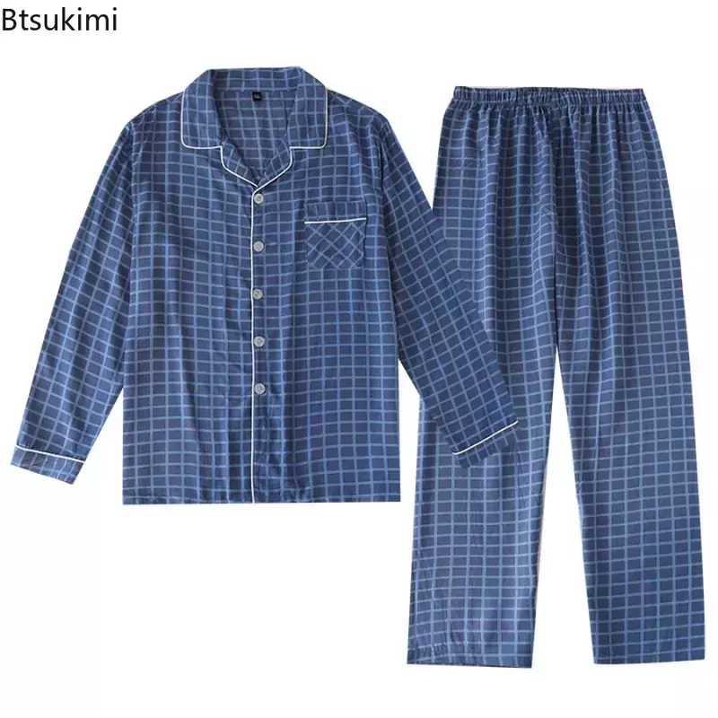 2024 Men's Casual 2PCS Pajama Sets Plaid Style Long Sleeve Top and Trousers Homewear Sets Men Soft Breathable Sleepwear Clothing