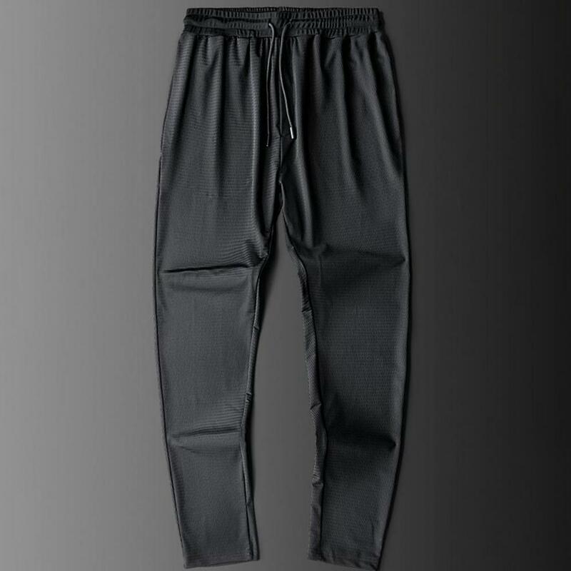 Slim  Drawstring Trousers Thin Ice Cool Loose Trousers with Pocket Black Ninth Pants for Summer