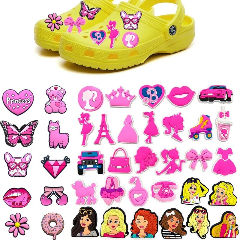 Dijes de zapatos de estilo princesa rosa para niños y niñas, decoración de personajes de dibujos animados de PVC, 1 piezas, se adapta a zuecos de cocodrilo, regalos jibz