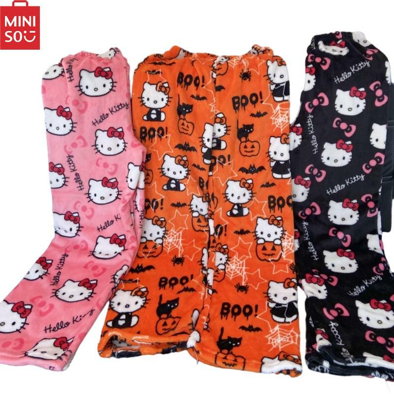 Sanurgente-Hello Kitty Japanese Anime Pants for Women, Glutnel Pyjama Pants, Thickened Warm, Casual Pants, Christmas, Halloween Gift