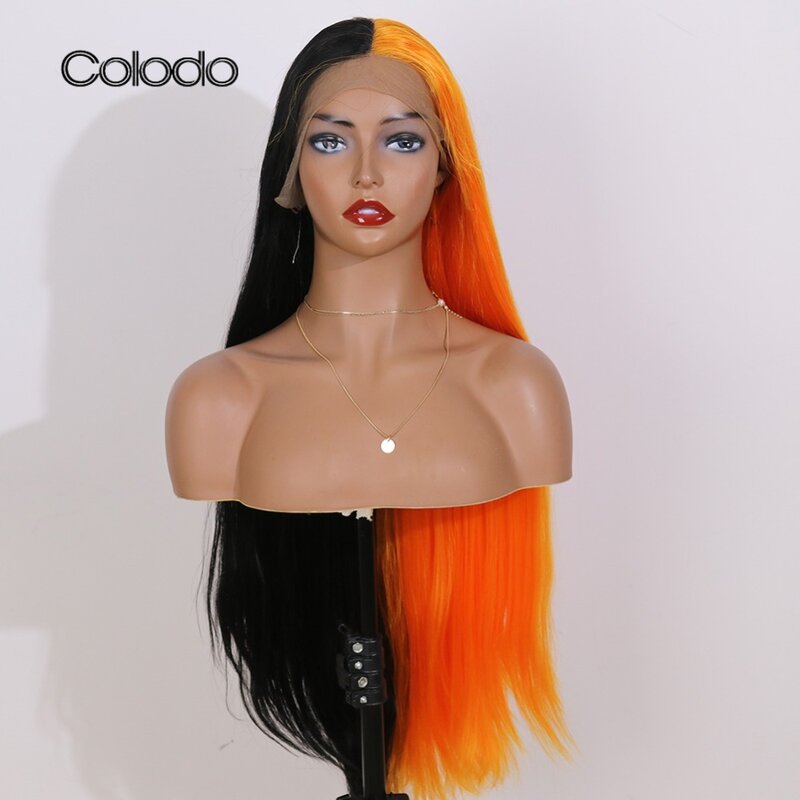 COLODO Highlight Orange Half Black Wig Drag Queen High Temperature Fiber Synthetic Lace Front Wig for Woman Cosplay Glueless