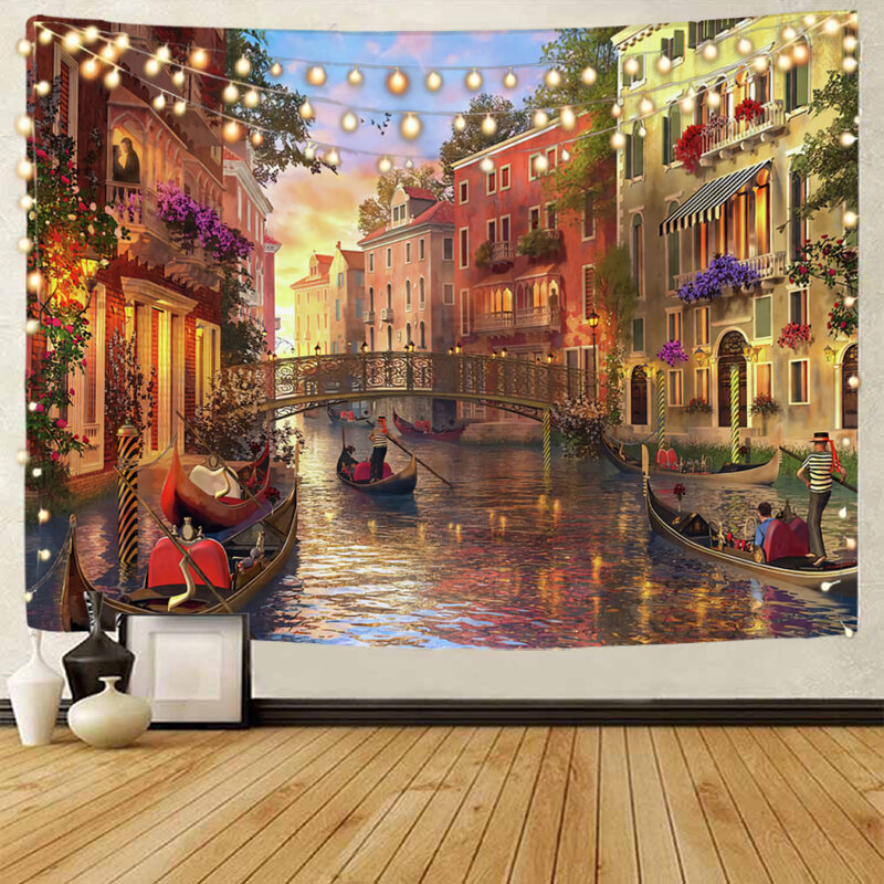 Tapiz de escena nocturna de la ciudad del agua de Venecia, pintura de paisaje de la ciudad, decoración del hogar