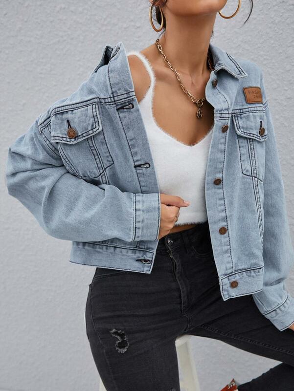 VOLALO-Jaqueta jeans de bolso com aba feminina, casaco jean de manga comprida, remendado de botão, fino, casual, grande