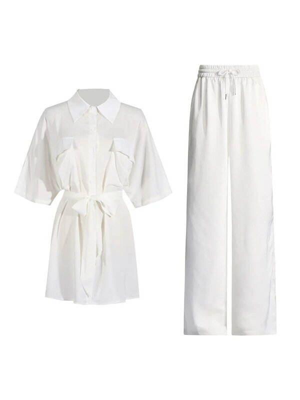 Conjunto de calças largas de cintura alta de duas peças para mulheres, conjunto Tannt, mangas curtas, camisas brancas ataduras, moda blusa, calças