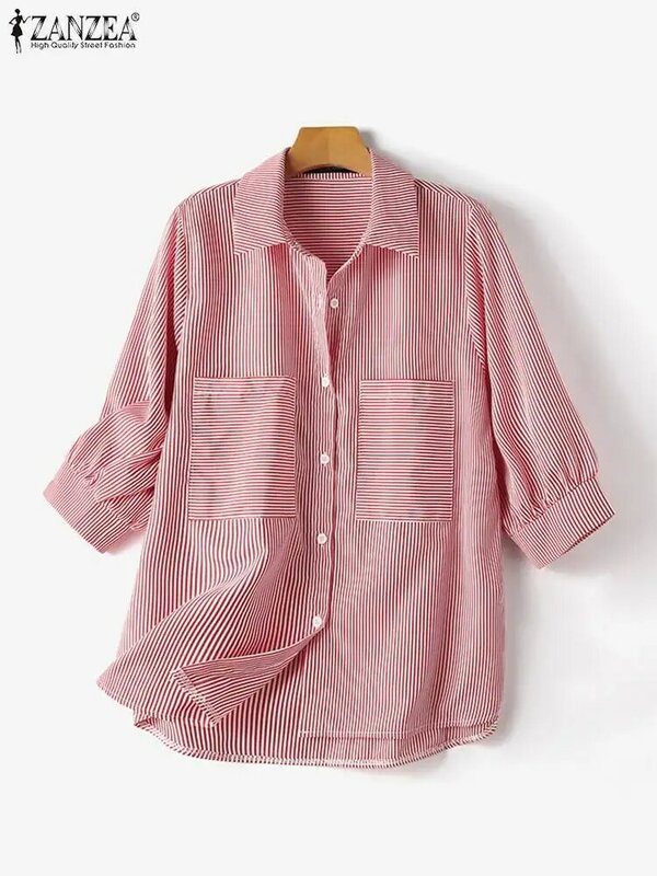 ZANZEA-Camisa listrada manga 3/4 feminina, blusa elegante de trabalho, gola lapela, botões baixos, tops casuais de férias, tamanho grande, verão