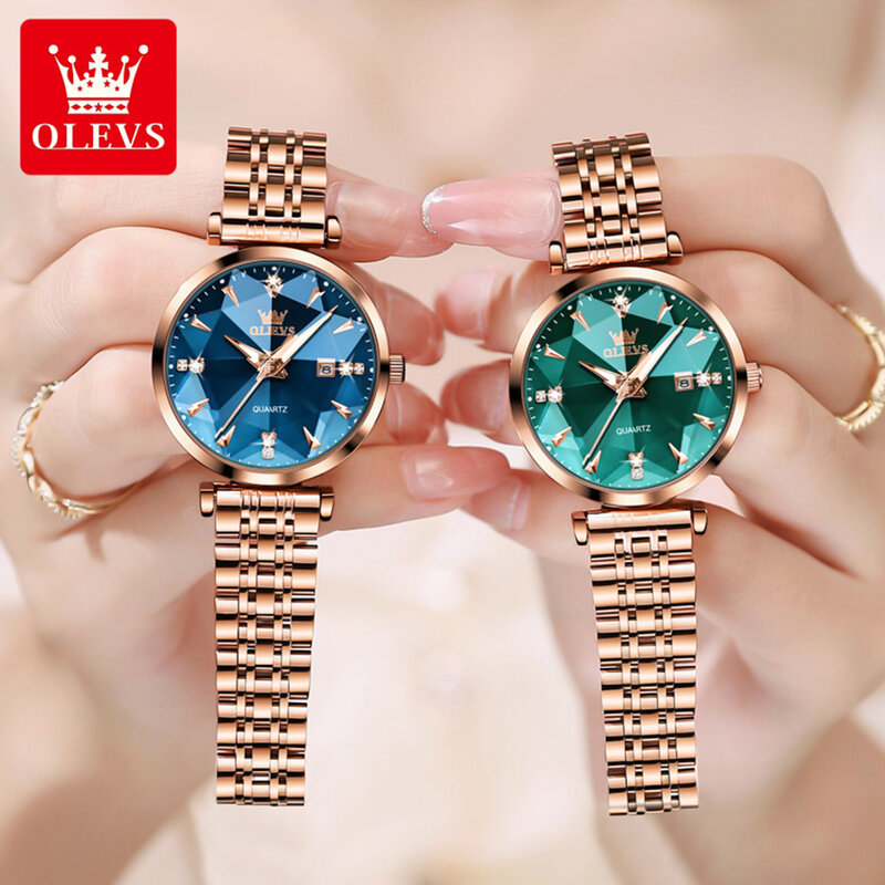 OLEVS-Relógios de luxo quartzo para mulheres, ouro rosa, pulseira de aço inoxidável, relógio impermeável, moda feminina, vidro losango, novo, 2023