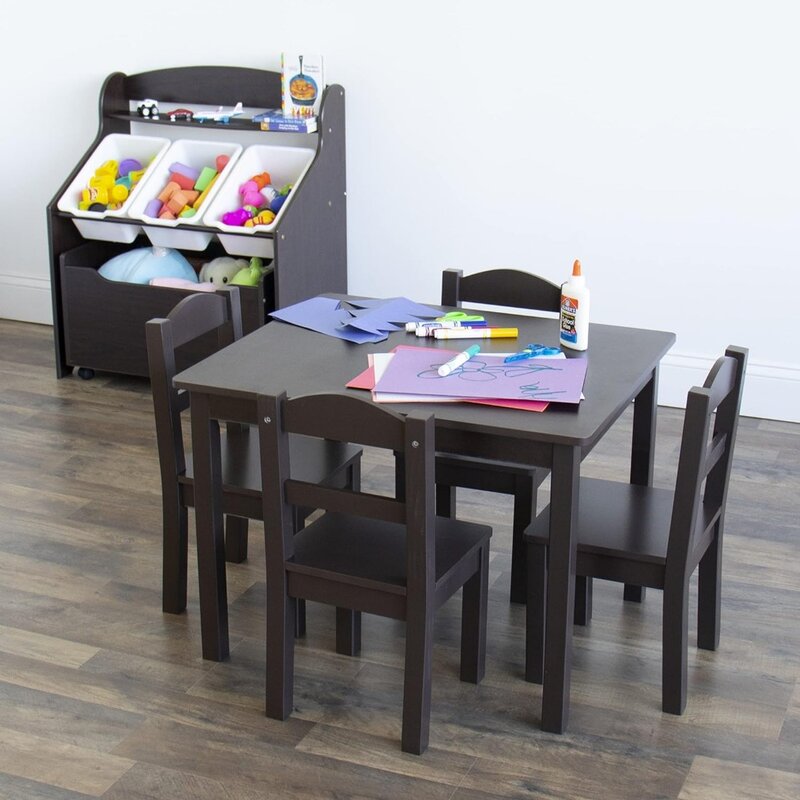 Kinder Holz Tisch und Stuhl Set 4 Stühle enthalten ideal für Kunst handwerk, Snack-Zeit, Homes chooling, grau/blau/grün/gelb 5 Stück