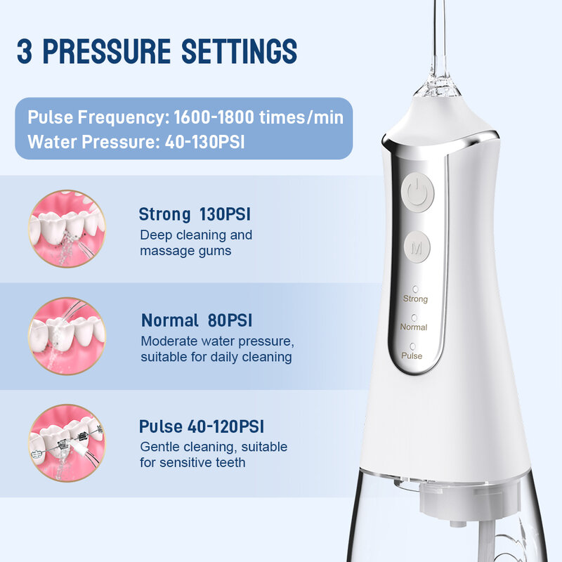 Irrigatore orale dentale filo interdentale filo denti Pick bocca lavatrice 5 Nozzels 3 modalità USB ricaricabile 300ml serbatoio