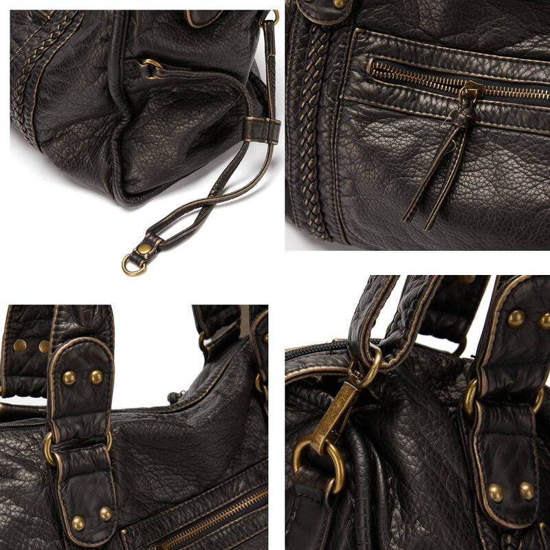 Annmouler Large Capacity Women Handbag Pu Leather Tote Bag Vintage Washed Leather Shoulder Bag Quality Bag for Women