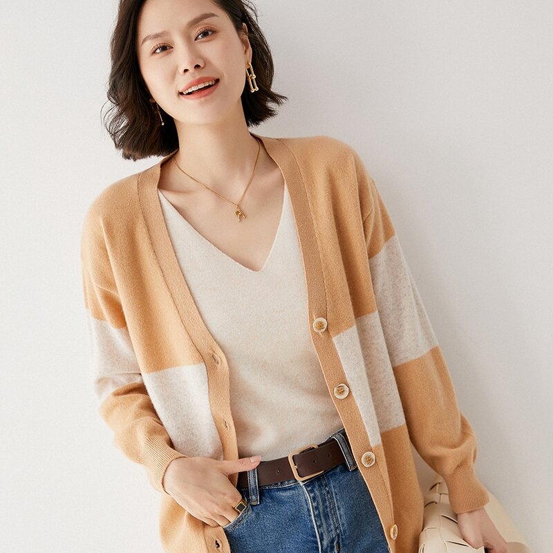 Cárdigan suelto de tres colores para mujer, suéter de lana 2022 de manga larga con bloqueo de Color, primavera y otoño, 100%
