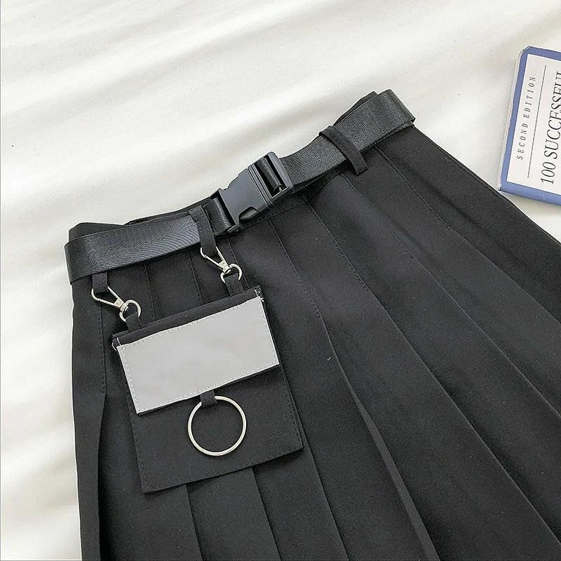 Harajuku-Falda plisada de cintura alta para mujer, minifalda acampanada de estilo Safari supercaliente, color negro, cinturón gratis