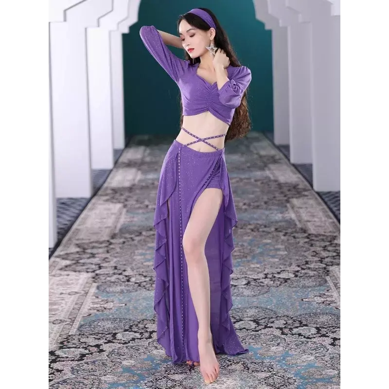 Tinta unita fiamma danza del ventre egiziana bordo piegato Set latino ballerino femminile fasciatura Jazz danza fantasia popolare cinese