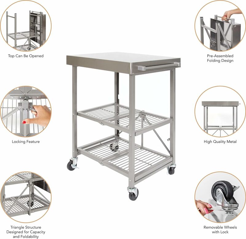 Stainless Steel Table with Wheels, 3-Tier Foldable Rolling Cart Made of Commercial-Grade Metal - Stainless Steel Kitchen