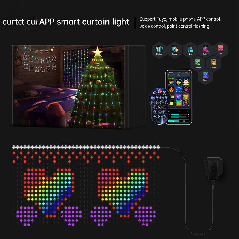 Luces de cortina inteligentes RGBIC, cadena de luces de Navidad que cambia de Color, patrones regulables DIY con música para dormitorio y patio, 400led