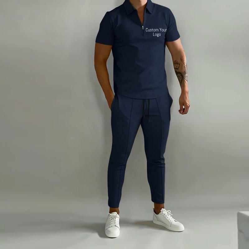 Personalizável Zip Lapela Top Slim Fit na moda Drawstring Casual Calças Sports Skinny Suit dos homens