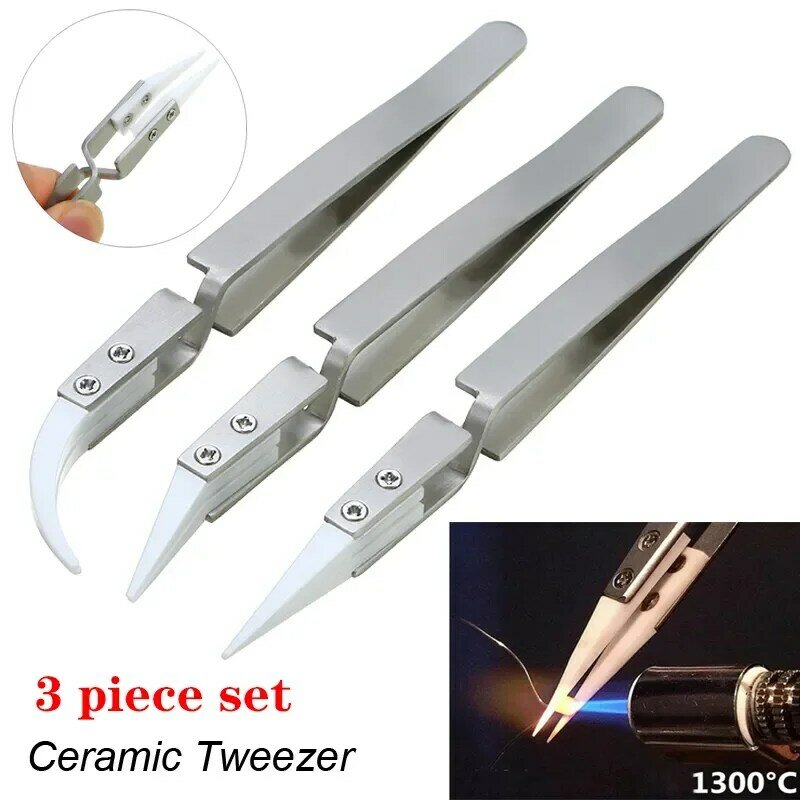 3Pack Ceramic Straight Tip Electronic Soldering Tweezers, Anti-Static Reverse Acid Resistant Precision Chuck Ceramic Tweezers