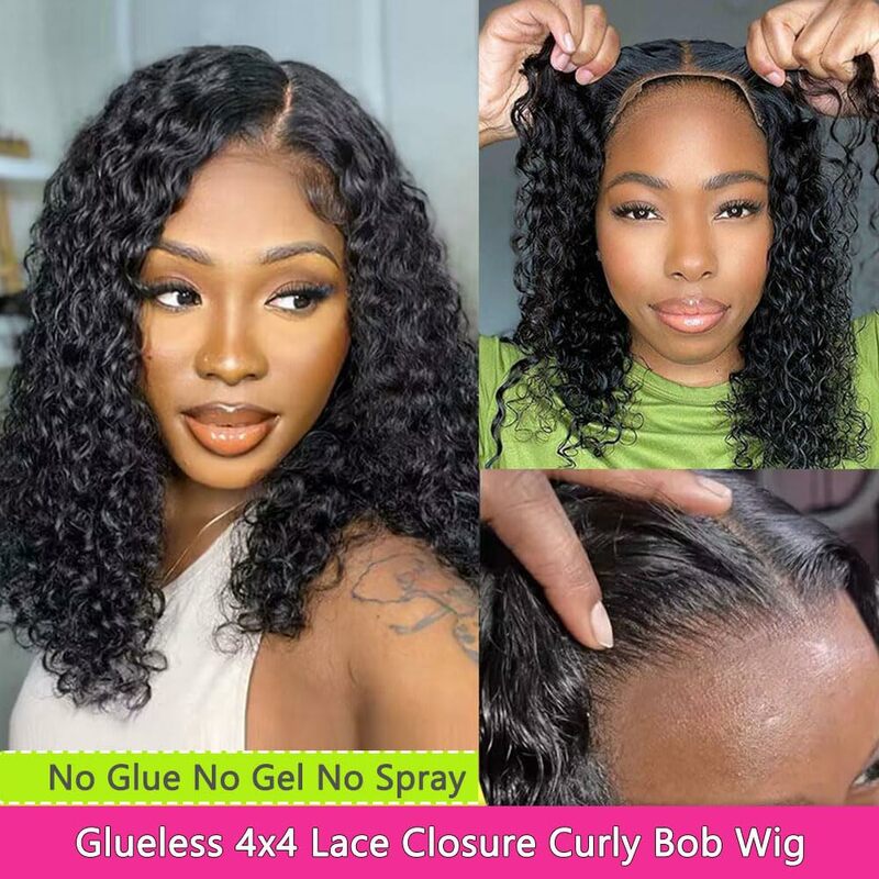 Wear and Go Deep Wave Glueless Wigs Human Hair Pre Plucked Pre Cut 4x4  Deep Curly Short Bob Wigs For Black Women