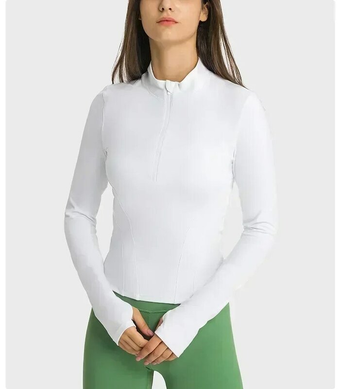 Lemon atasan lengan panjang wanita, kemeja Yoga olahraga kebugaran setengah ritsleting jaket blus kekuatan elastis
