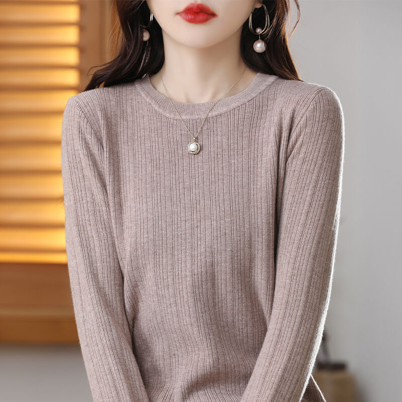 Camisola feminina de manga comprida com gola redonda, camisa de fundo tricotado, pulôver monocromático, novo, primavera e outono