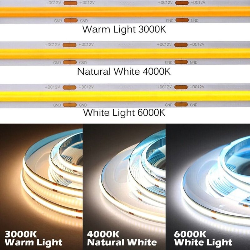 Auto-adesivo Cob LED Strip Light, fita flexível, 320 lâmpadas, 3000K, 6000K, alta densidade, casa, lâmpada de brinquedo, 12V