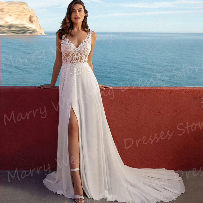 Modern Classic V-Neck Wedding Dresses Sleeveless Lace Applique Illusion Button Chiffon Bride Gowns With High Slit Floor-Length