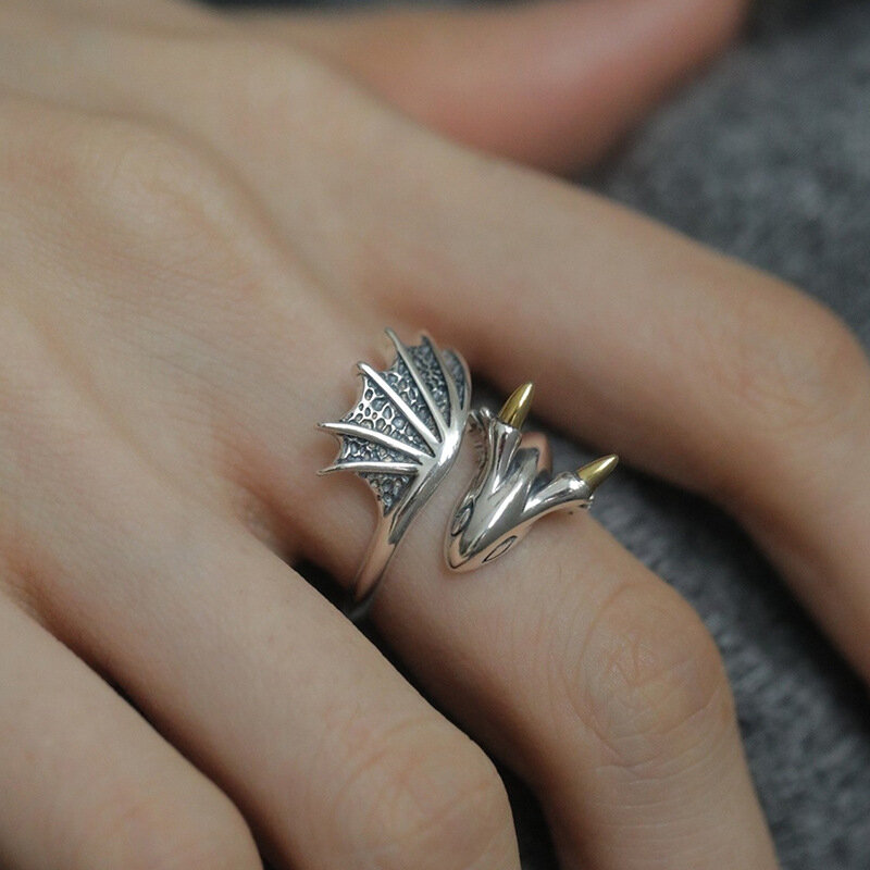 Panjbj 925 Silve Wing Dragon Punk Ring Voor Vrouwen Girl Party Gift Retro Hiphop Mode-sieraden Dropshipping