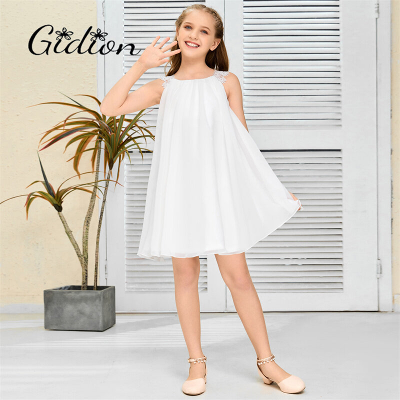 Chiffon Knee-Length Junior Bridesmaid Dress For Kids Wedding Ceremony Birthday Party Festivity Celebration Pageant Event Ball