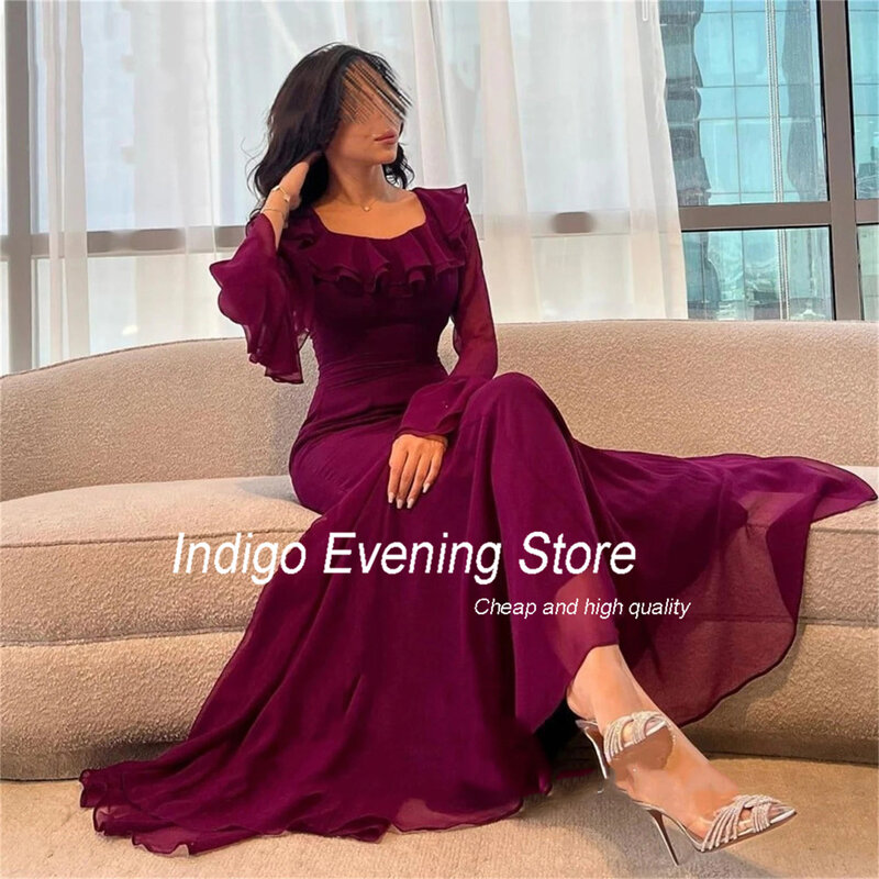 Indigo Prom Dress A-Line Scoop Collar Long Sleeve Chiffon Ankle-Length Pleat Simple Elegant Evening Gowns For Women فساتين الس