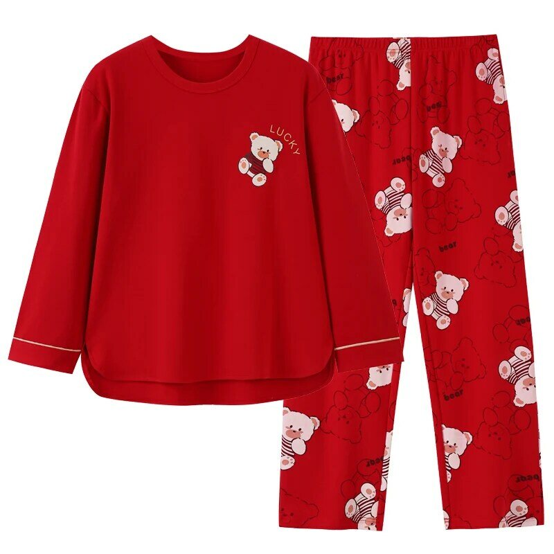 Новейший весенне-осенний женский пижамный комплект из 100% хлопка Милая мультяшная пижама с длинным рукавом одежда для сна Женская домашняя одежда