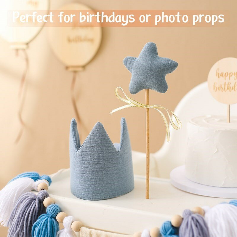 Corona de cumpleaños de crecimiento, accesorios para fotos de ducha, regalos de 0-6 años, juguete para fiesta de cumpleaños de bebé, gorra decorativa, palo de hadas de estrella de los deseos de madera de algodón