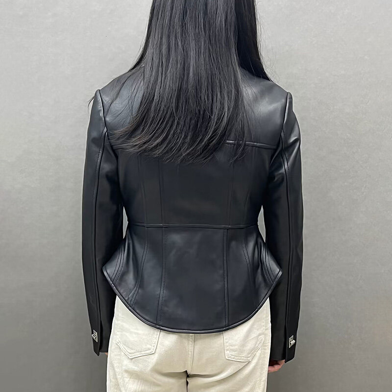 Lady New Style Leather Jacket Fashion Basque Waist Real Leather Coat Streetwear Female Clothing GT5541