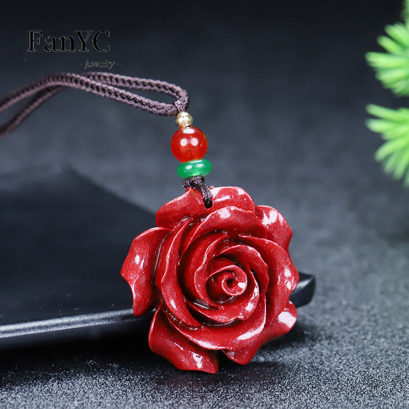 Natural High Content Purple Gold Sand Rose Pendant Ladies Fashion Luxury Fine Sweater Chain Cinnabar Necklace Holiday Gift