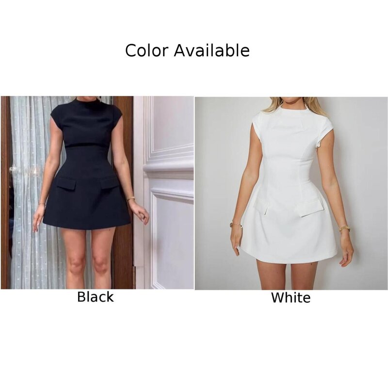 Robe courte slim à la mode pour femmes, tenue de bureau élégante, ligne A, noir, blanc, col rond, poches