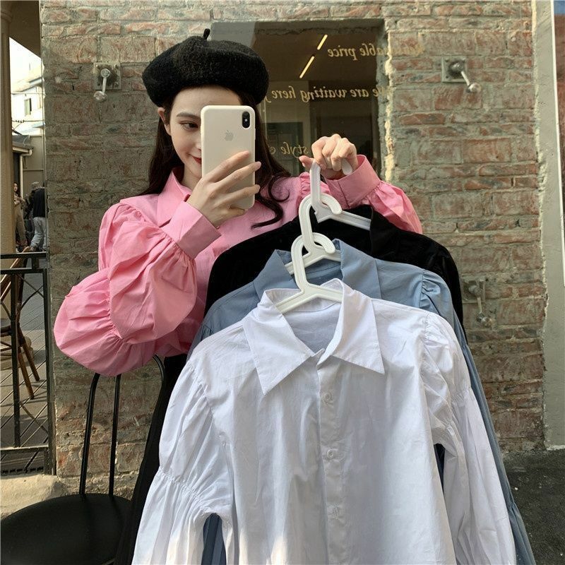 Frauen Frühling und Herbst 2021 neue koreanische Stil lose Hemd Design Sinn Nische plissiert schlanke Puff ärmel Shirt