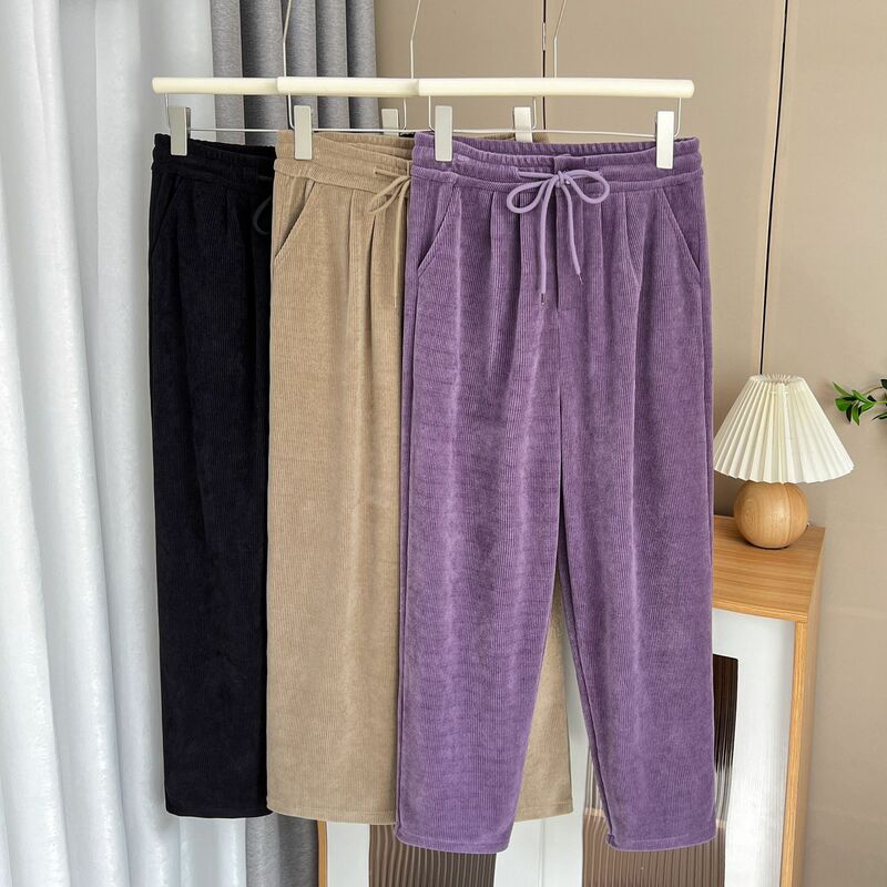 Calças de veludo de cintura alta feminina, calça casual, perna reta, plus size, outono, inverno, 2023
