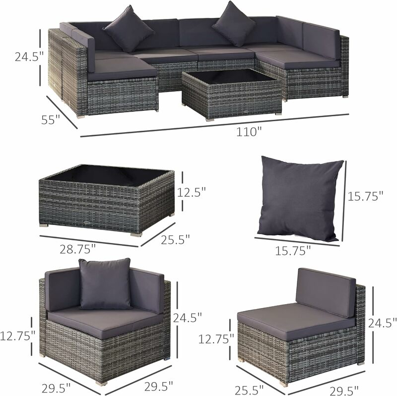 Juego de muebles de mimbre para exteriores, conjunto de sofá seccional con cojines y escritorio, 7 piezas