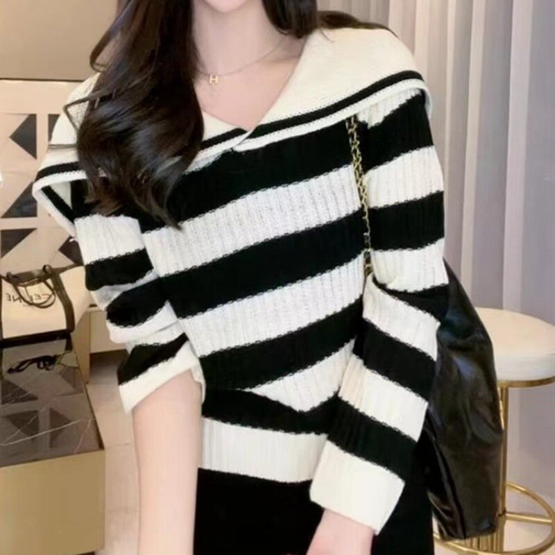 C5595 Autumn Sweater For Women Stripe Long Sleeve Loose Pullovers Tops Lady Knitwear Sweaters