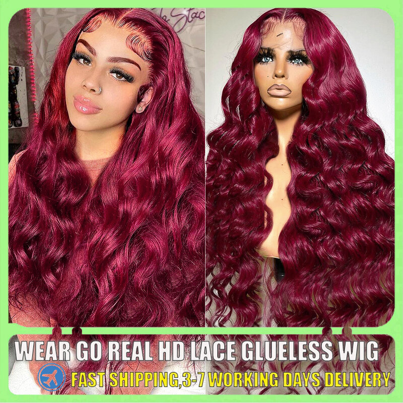 Ketebalan 150 99J Burgundy 13X6 13X4 HD Body Wave transparan renda depan rambut manusia Wig 30 inci berwarna merah Wig Frontal untuk wanita