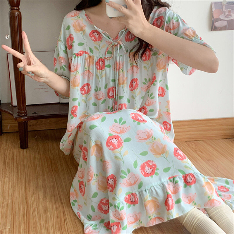 Женская Длинная летняя Ночная рубашка большого размера с принтом, Свободная Повседневная дышащая женская домашняя одежда