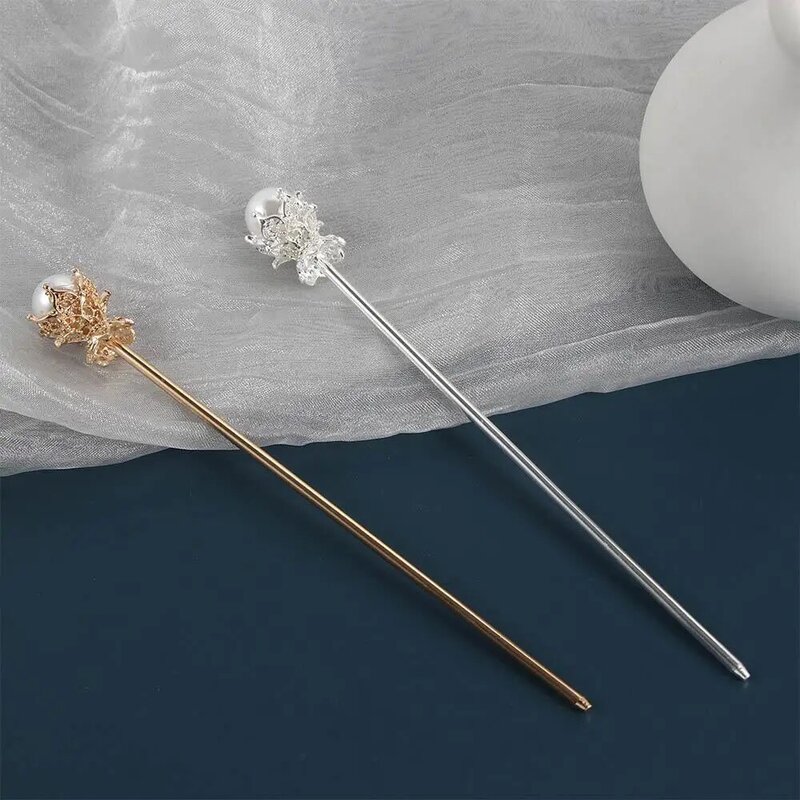 Elegant Metal Gold Silver Color Pearl Hairpin, Headwear Sticks, Hair Clip Acessórios para Mulheres