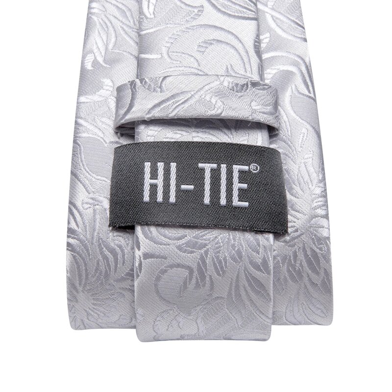 Hi-Tie Designer Silver Floral Gift Elegant Tie for Men Fashion Brand Wedding Party Necktie Handky Cufflinks Wholesale Business