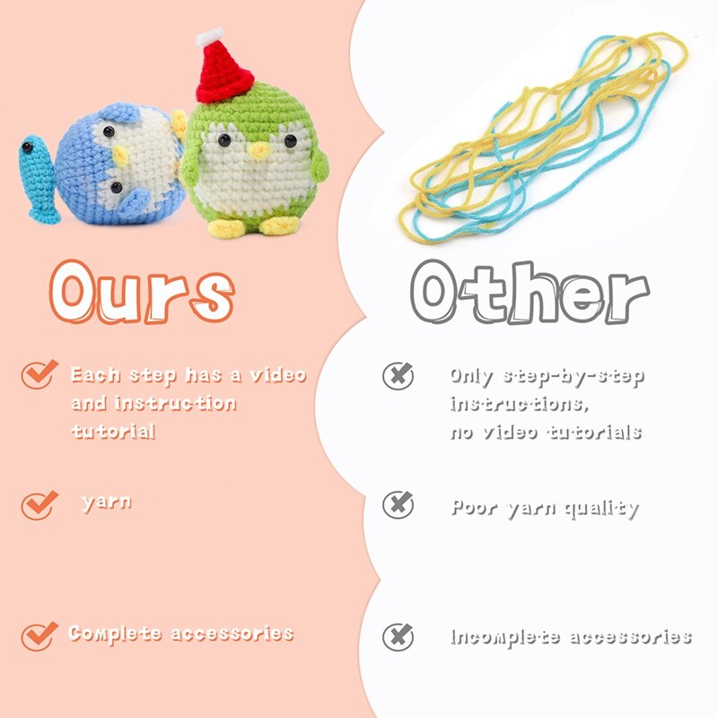 DIY Kit Pinguim Crochet com Fios De Tricô De Mão, Agulhas Boneca De Pelúcia, Fácil de Usar, Azul, Verde, Roxo, Rosa, 4Pcs