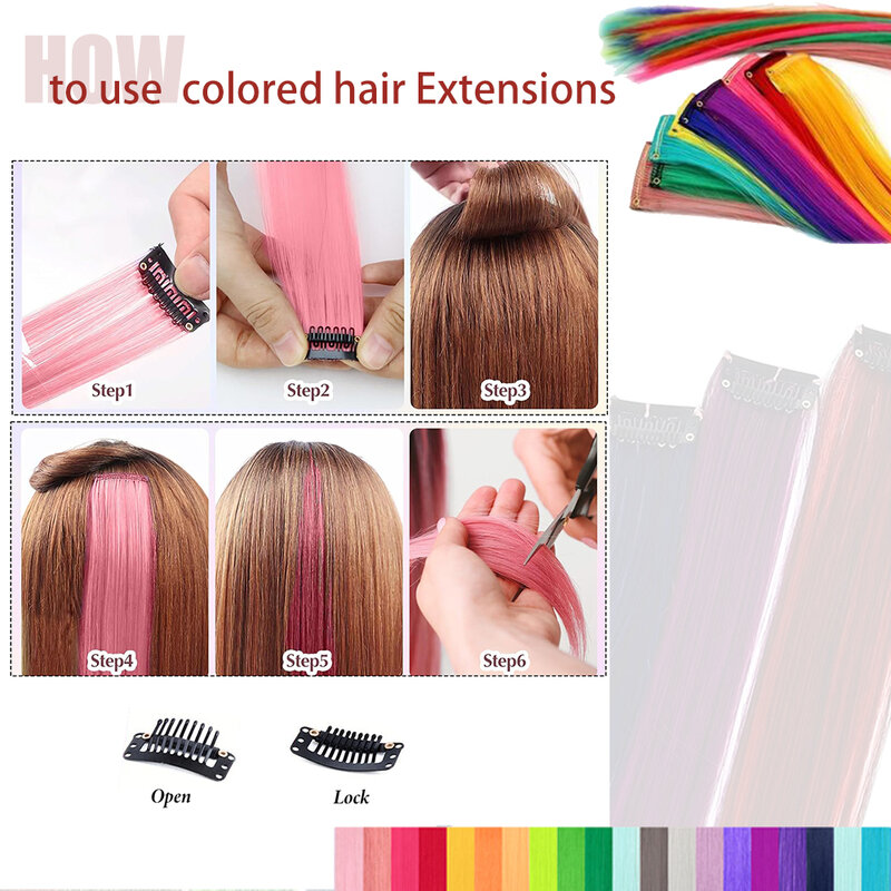 Extensions de cheveux synthétiques colorées à clipser, reflets de fête multicolores, postiches arc-en-ciel, 22 po, 8 pièces par paquet