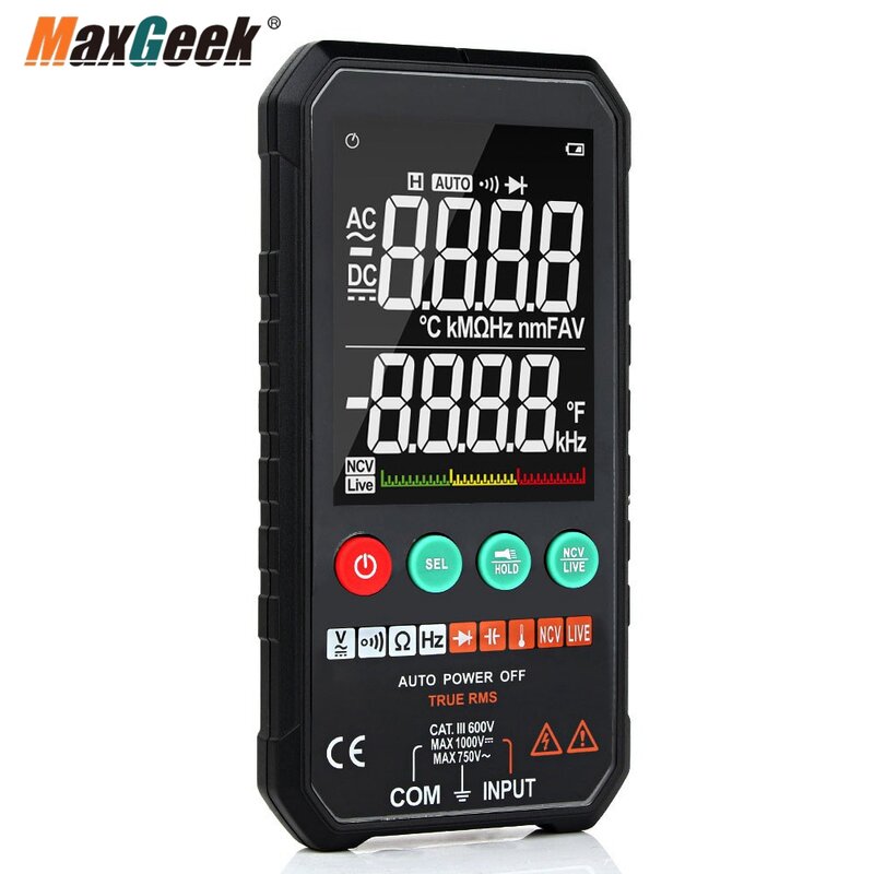 Maxgeek Fy107c Slimme Digitale Multimeter Tester Ac/Dc Spanningsweerstandstester Met Temperatuursonde