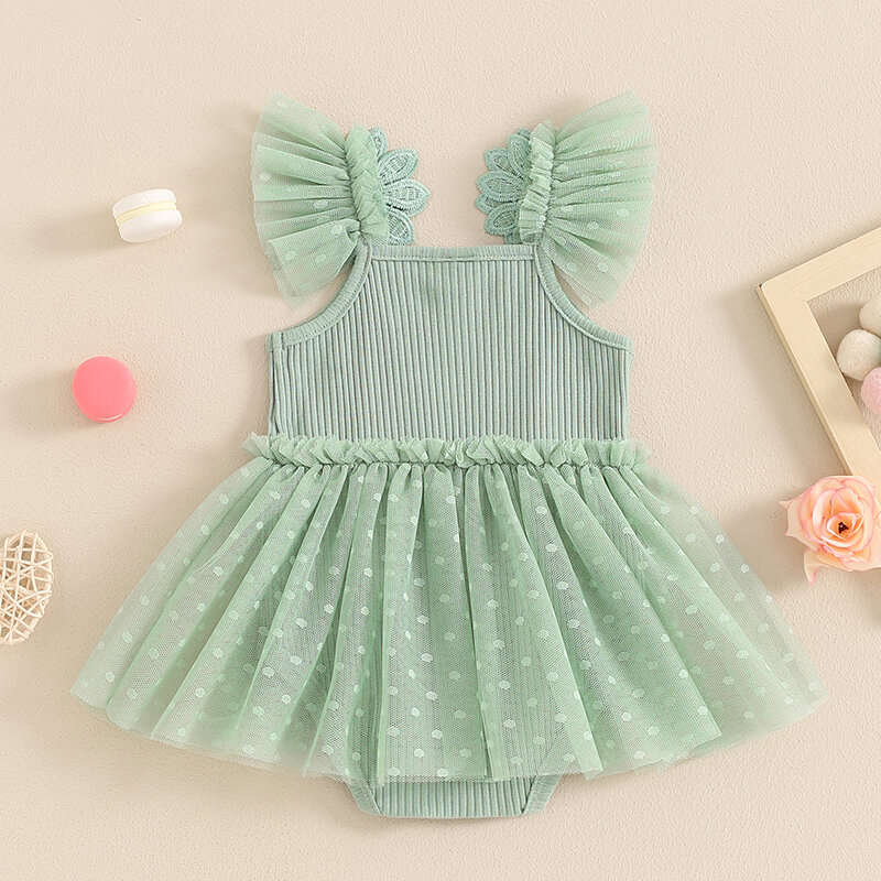 Blotona Baby Girl Summer Romper Dress Casual Mesh Patchwork Ruffles Ribbed Jumpsuit for Newborn Toddler Cute Clothes